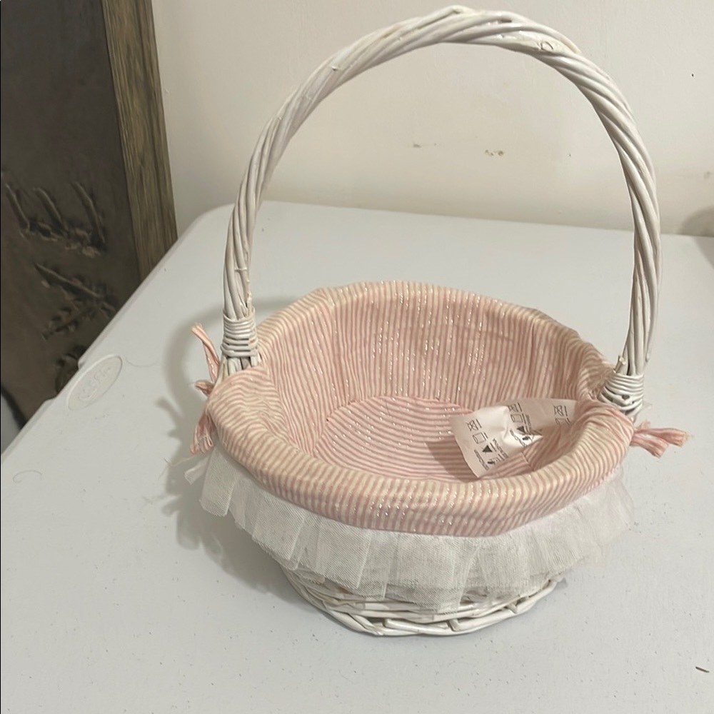 Pink and White Wicker Basket with Handle